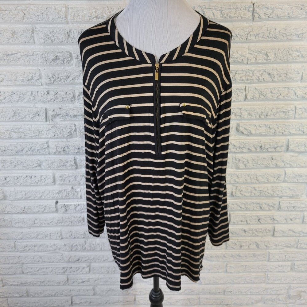 Rebecca Malone 2X Plus Size Top Striped Black Beige Zip Front 3/4 Sleeve STR228E